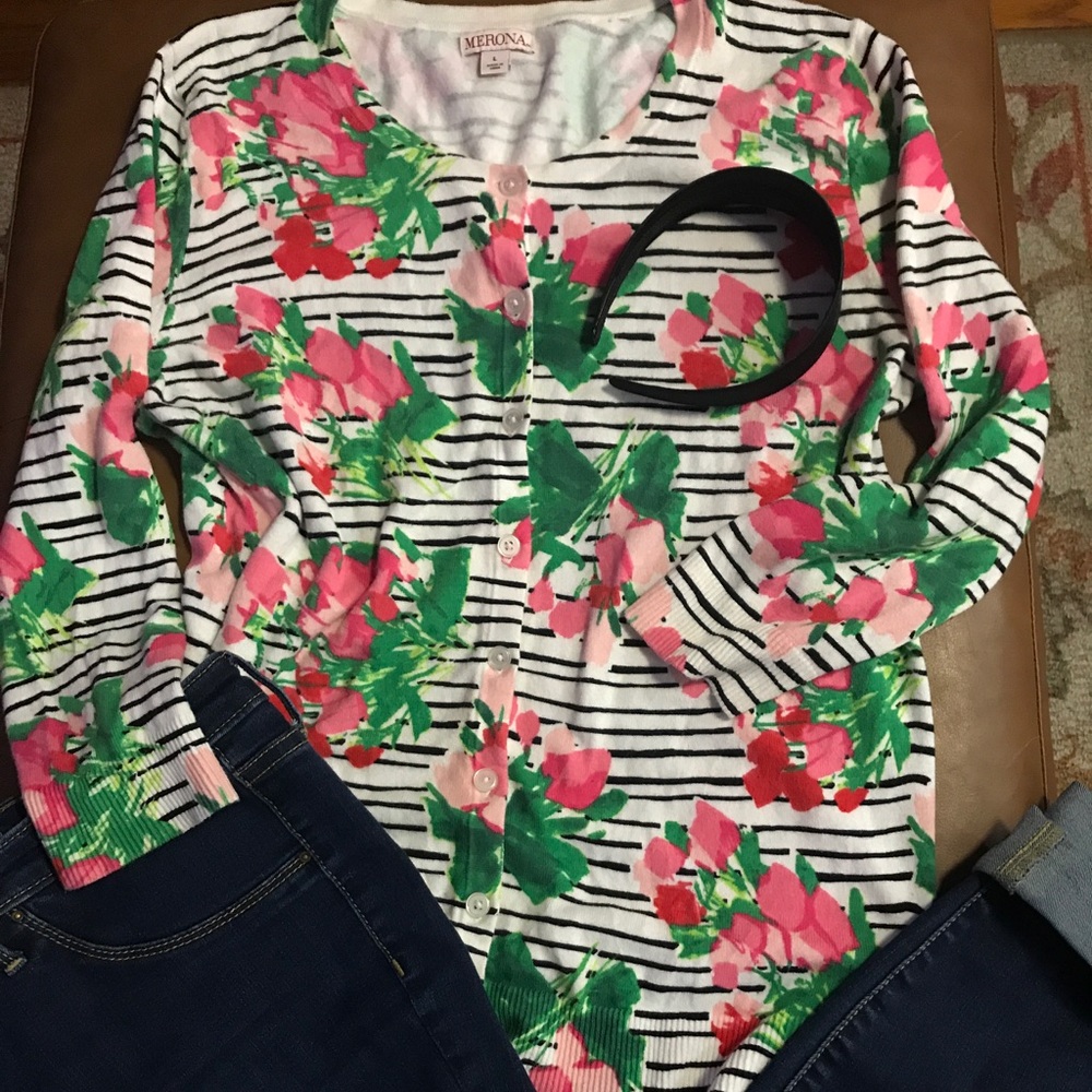 Merona Printed Cardigan, size L, Stripes/Floral